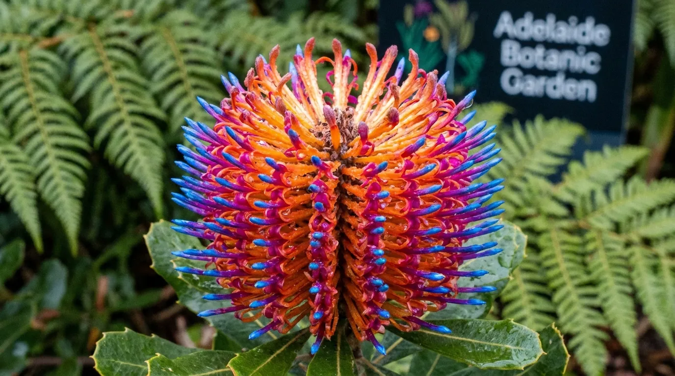 Image: A close-up, artistic shot of a vibrant, exotic flower in the Adelaide Botanic Garden, with soft-focus greenery in the background, showcasing intricate details and rich colors.