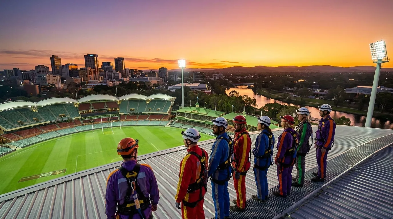Image: A group of diverse climbers, wearing safety suits and harnesses, standing on the illuminated rooftop of Adelaide Oval at sunset. They are looking out over the city skyline, the River Torrens, and the distant Adelaide Hills, with the stadium