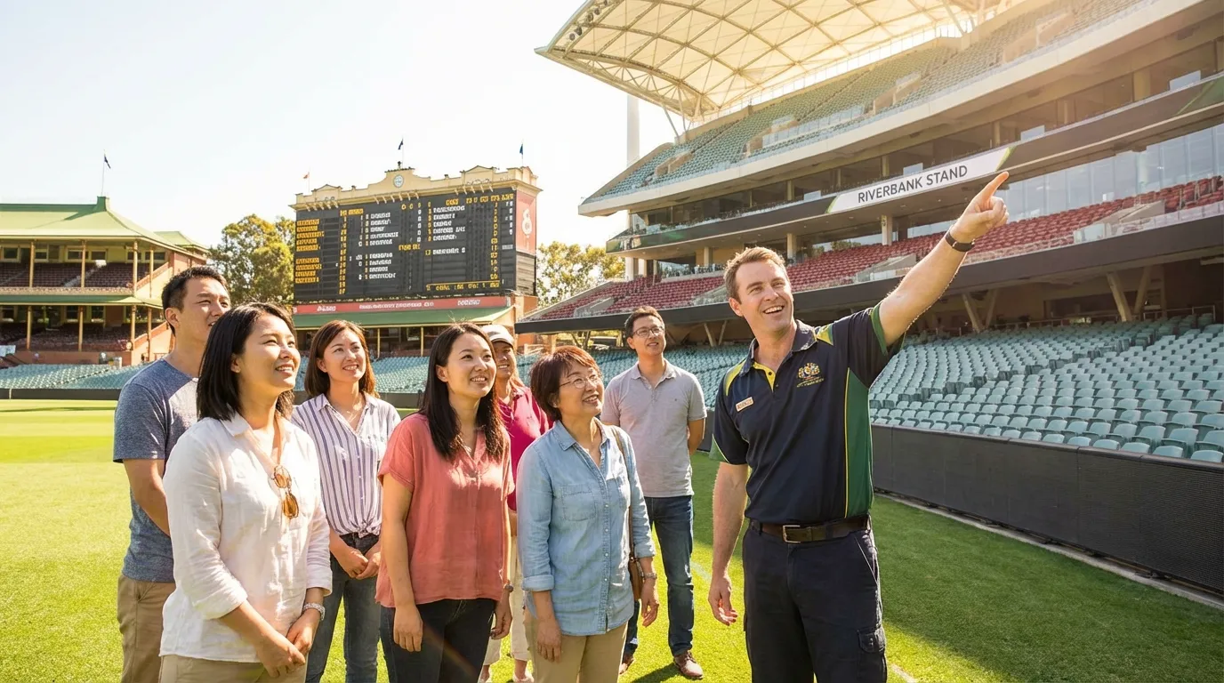 Image: A diverse group of tourists, including some East Asian individuals, on a guided stadium tour inside Adelaide Oval. They are standing on the edge of the lush green cricket pitch, looking up at the grandstands, with their guide pointing towards a feature. The scene is bright and welcoming.