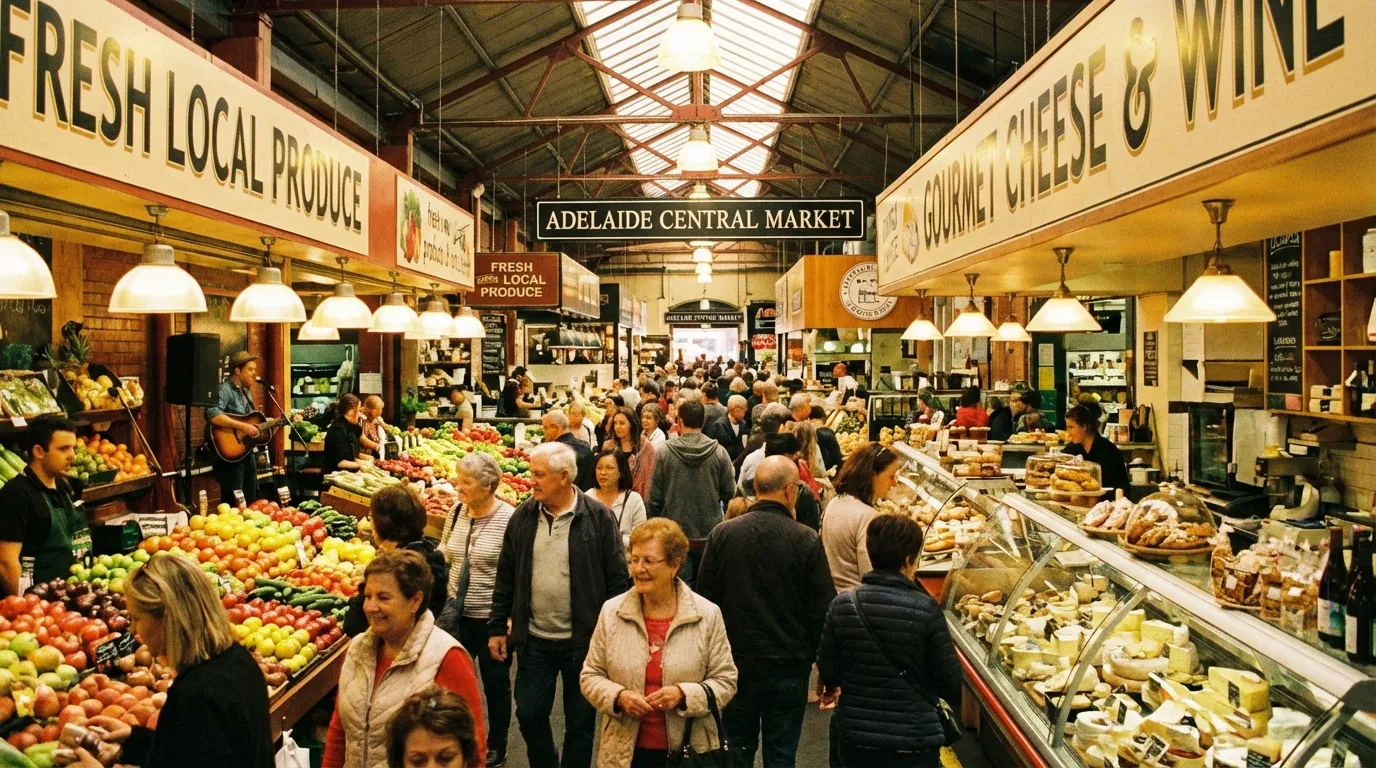 Image: A bustling, colourful scene at the Adelaide Central Market. People of diverse ages and backgrounds are browsing stalls laden with fresh produce, gourmet foods, and artisanal products. There