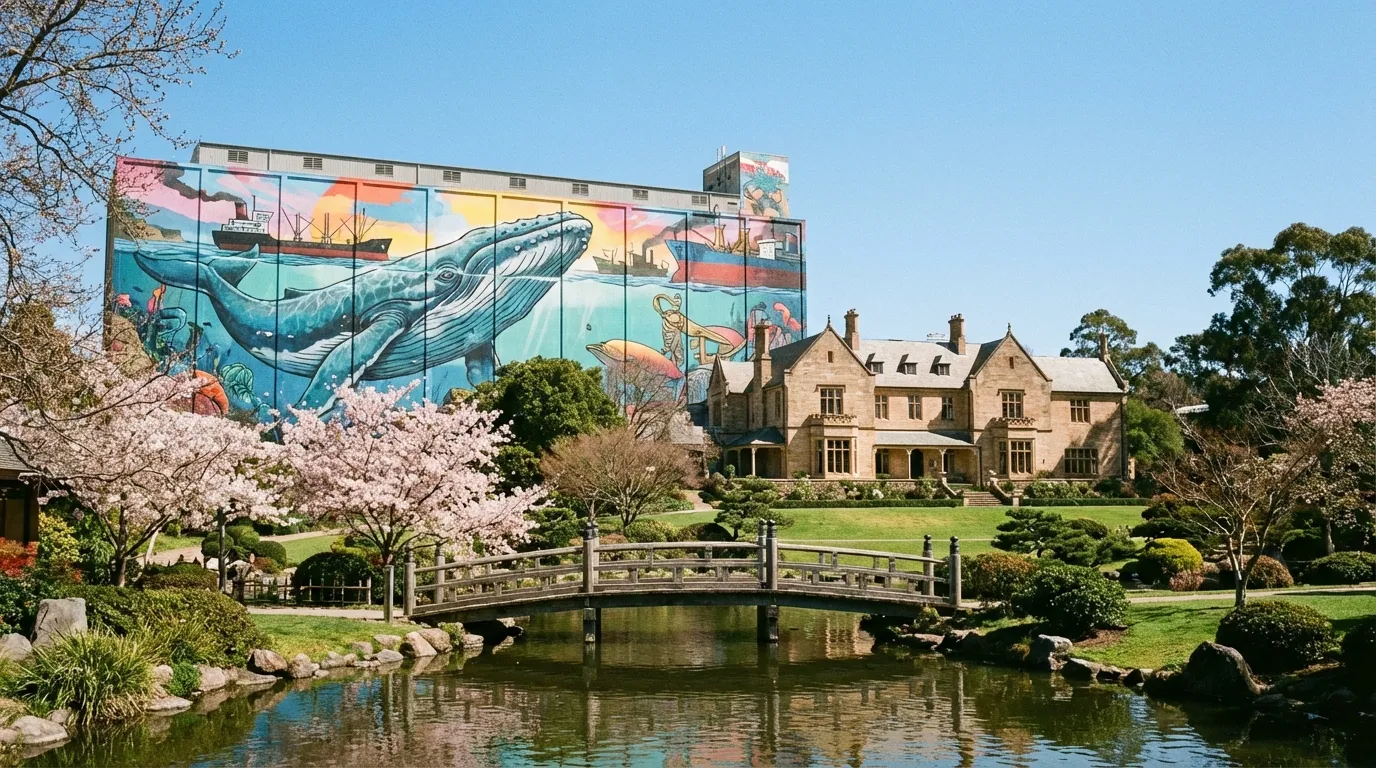 Image: A wide shot capturing the diverse essence of Adelaide: in the foreground, a serene view of the Himeji Garden