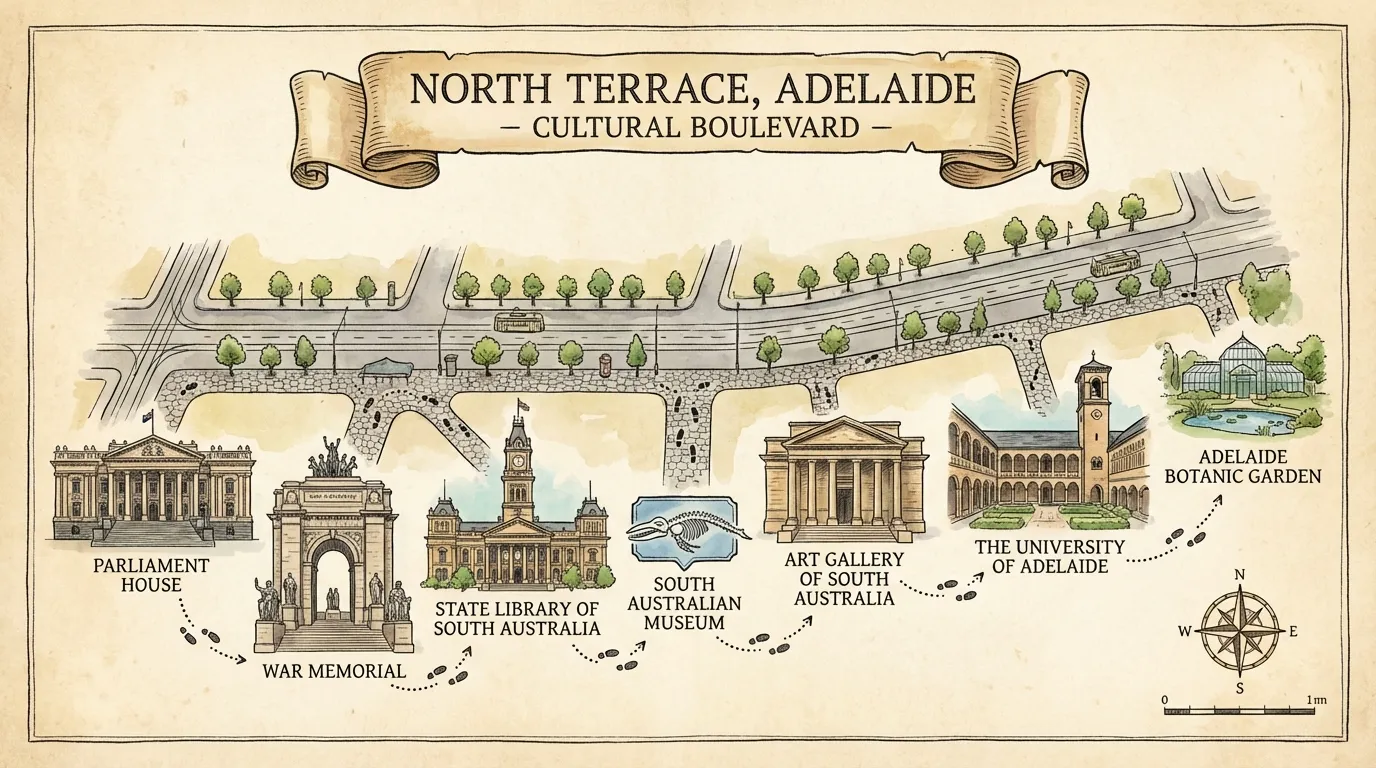 Image: A detailed map illustration of North Terrace Adelaide, highlighting the locations of the State Library, Parliament House, War Memorial, Art Gallery, Museum, University, and Botanic Garden with clear walking paths indicated.
