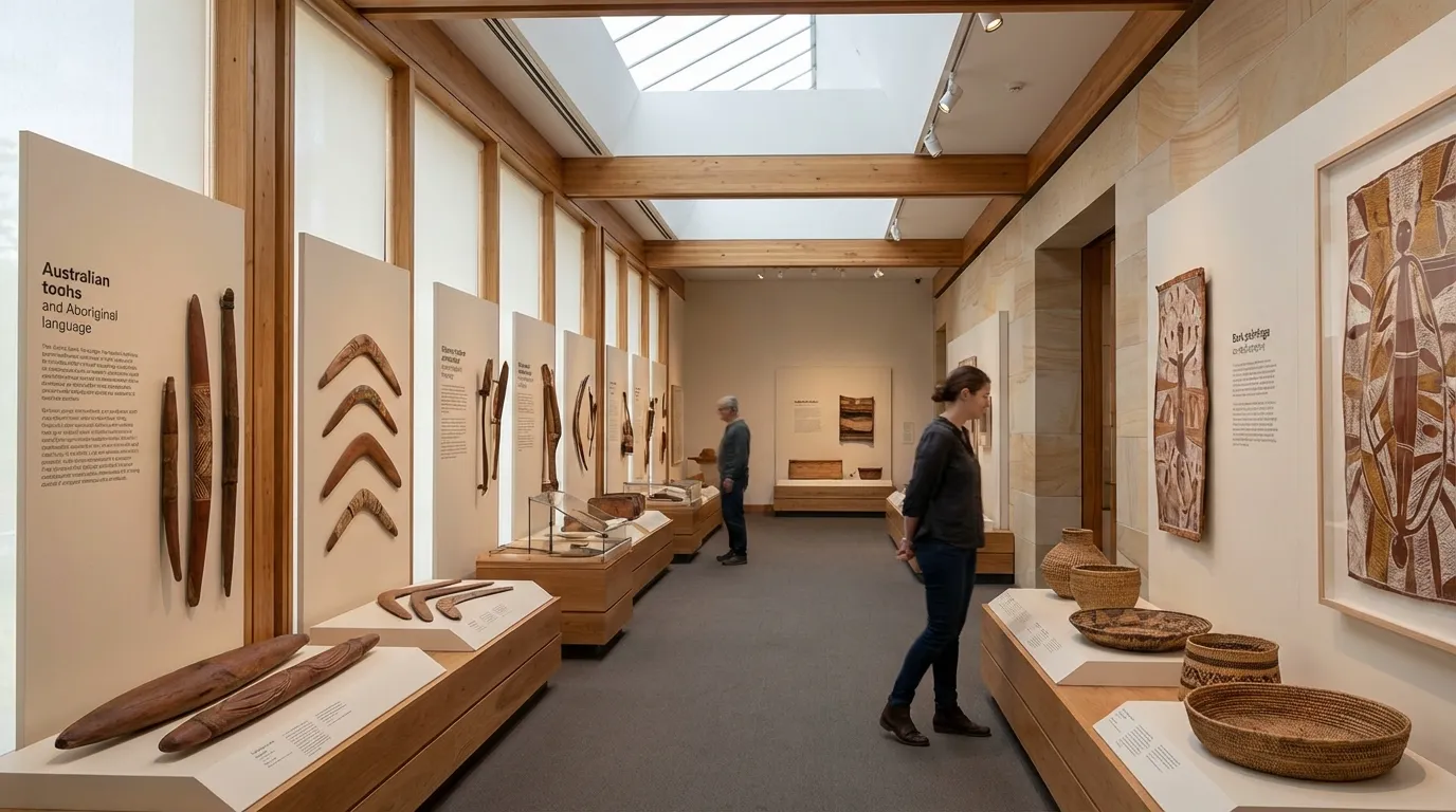 Image: A respectful and well-lit museum gallery showcasing Australian Aboriginal cultural artifacts. Displays feature traditional tools, boomerangs, woven baskets, and art, with interpretive panels. The atmosphere is contemplative and educational.