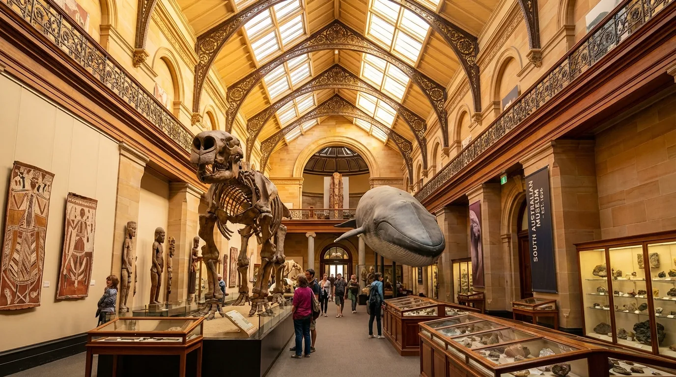 Image: A wide shot of the main hall or a prominent gallery within the South Australian Museum, showing high ceilings, elegant architecture, and a mix of natural history displays and cultural artifacts. The lighting is warm and inviting, highlighting the grand scale of the institution.