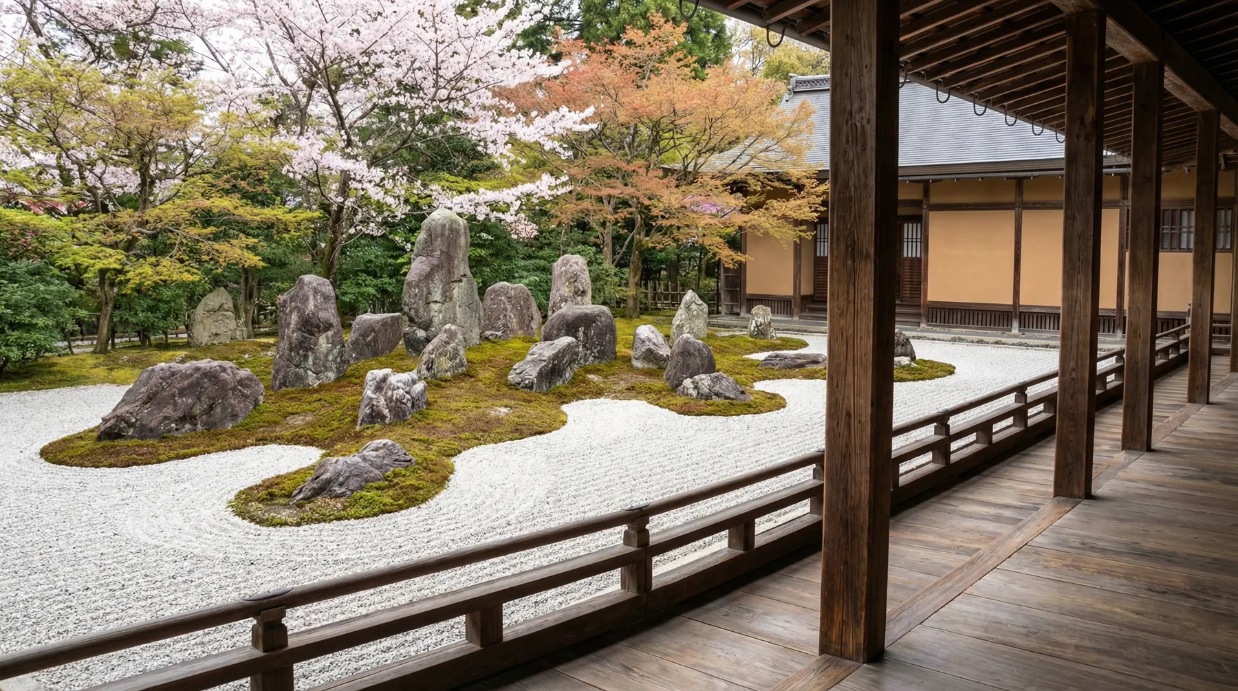 Image: A serene Japanese rock garden at Ryoan-ji in Kyoto, featuring moss, carefully raked white gravel, and fifteen strategically placed rocks. The garden is viewed from a traditional wooden veranda.