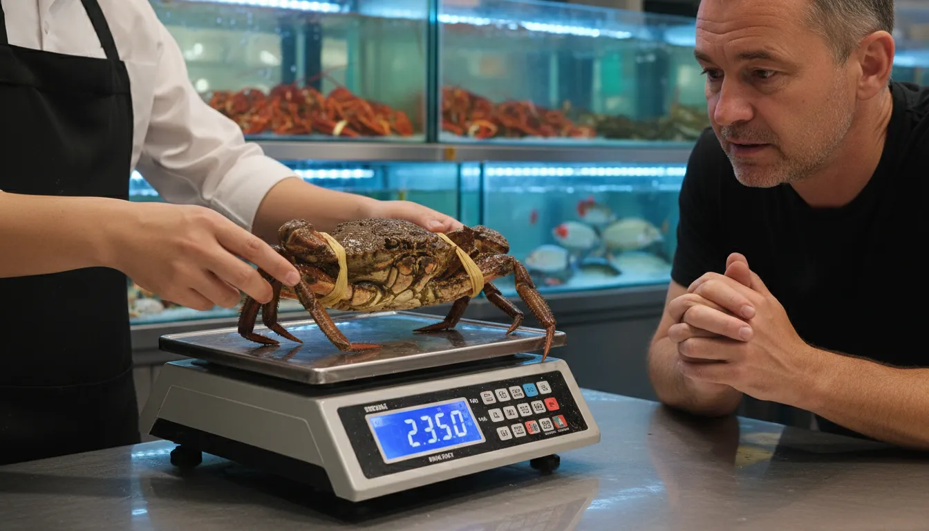 Image: A close-up shot of a restaurant staff member weighing a live, large mud crab on a digital scale, with a customer observing intently. In the background, tanks of various live seafood are visible, creating a bustling market atmosphere.