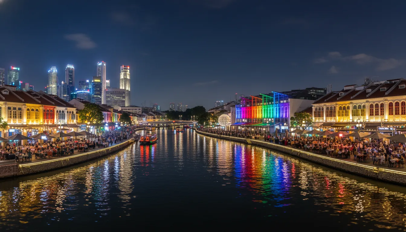 Image: A panoramic view of the Singapore River at night, showcasing the vibrant lights of Clarke Quay and Boat Quay restaurants reflecting on the water, with diners enjoying outdoor seating along the riverbanks.