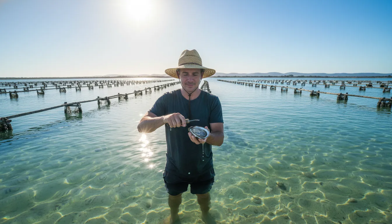 Image: A person standing knee-deep in crystal-clear, calm turquoise water of Coffin Bay, holding a freshly shucked oyster on the half shell with a small knife, surrounded by oyster racks in the distance under a sunny sky.