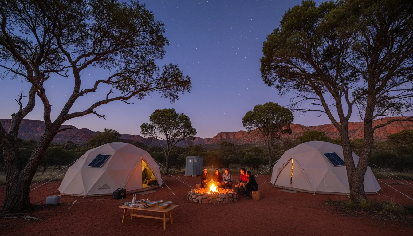 Image: A beautifully set up, sustainable campsite at dusk in the Flinders Ranges. A small, contained campfire glows softly in a designated fire pit, surrounded by sturdy tents. The sky above is beginning to show stars, and native Australian trees frame the scene.