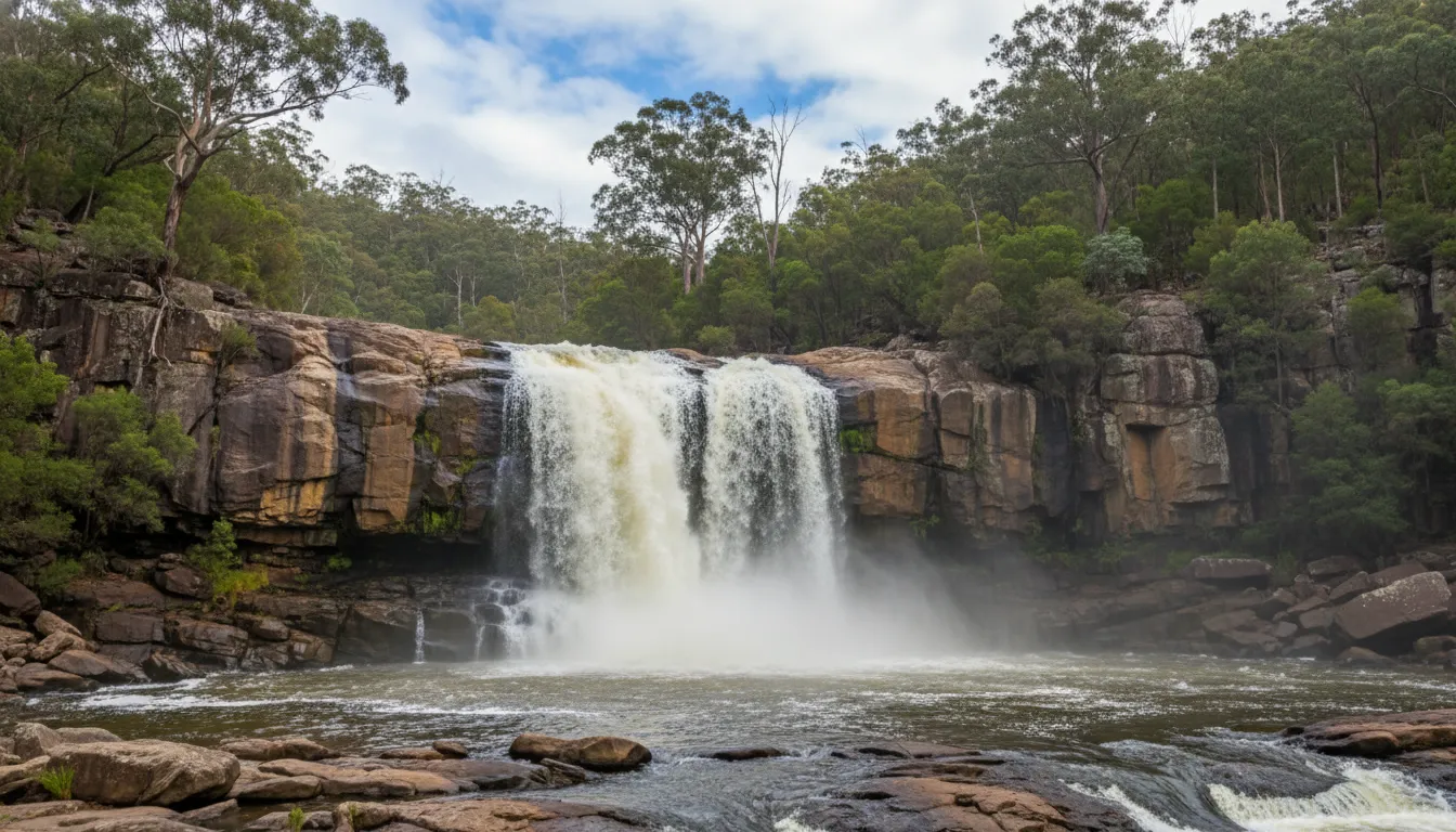 Image: A wide shot of Lesmurdie Falls cascading over granite rocks, surrounded by lush green bushland. The water is flowing strongly, creating mist at the base. The sky is partly cloudy, and the overall scene evokes a sense of natural power and serenity.