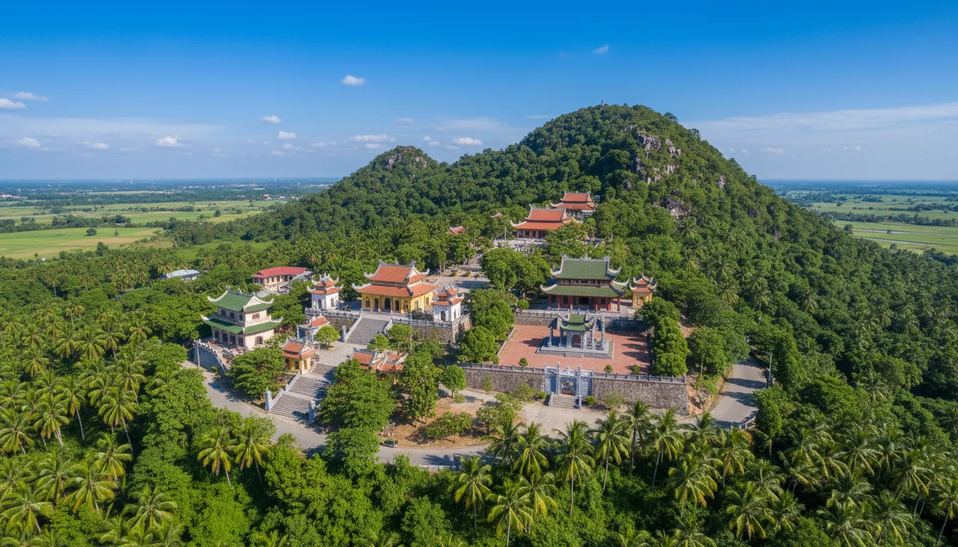 Image: A panoramic aerial shot of Sam Mountain in Chau Doc, showcasing the cluster of temples (Ba Chua Xu, Tay An Pagoda, Thoai Ngoc Hau Tomb) nestled at its base and on its slopes, surrounded by lush greenery under a clear sky.
