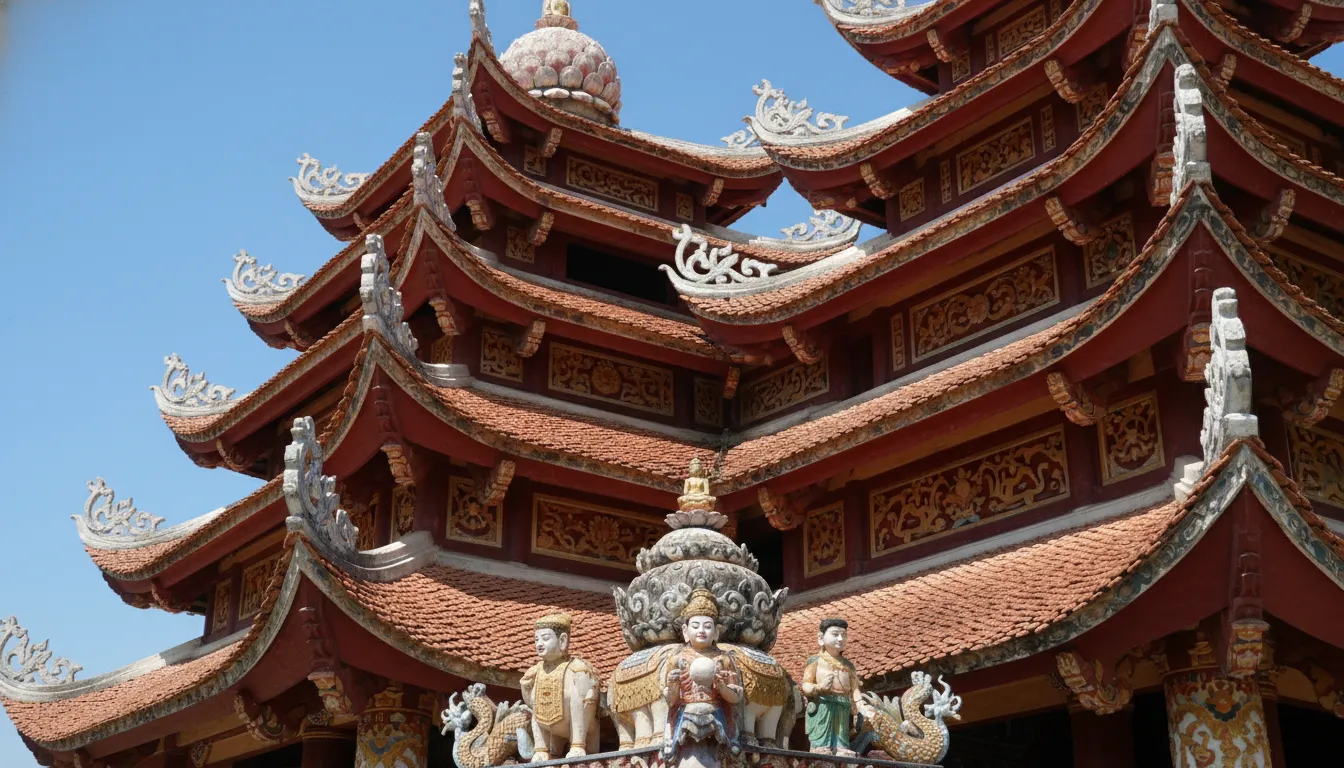 Image: A close-up shot of the intricate, multi-layered roofs and ornate carvings of Tay An Pagoda, showing the blend of Indian and Vietnamese architectural styles under a clear blue sky.