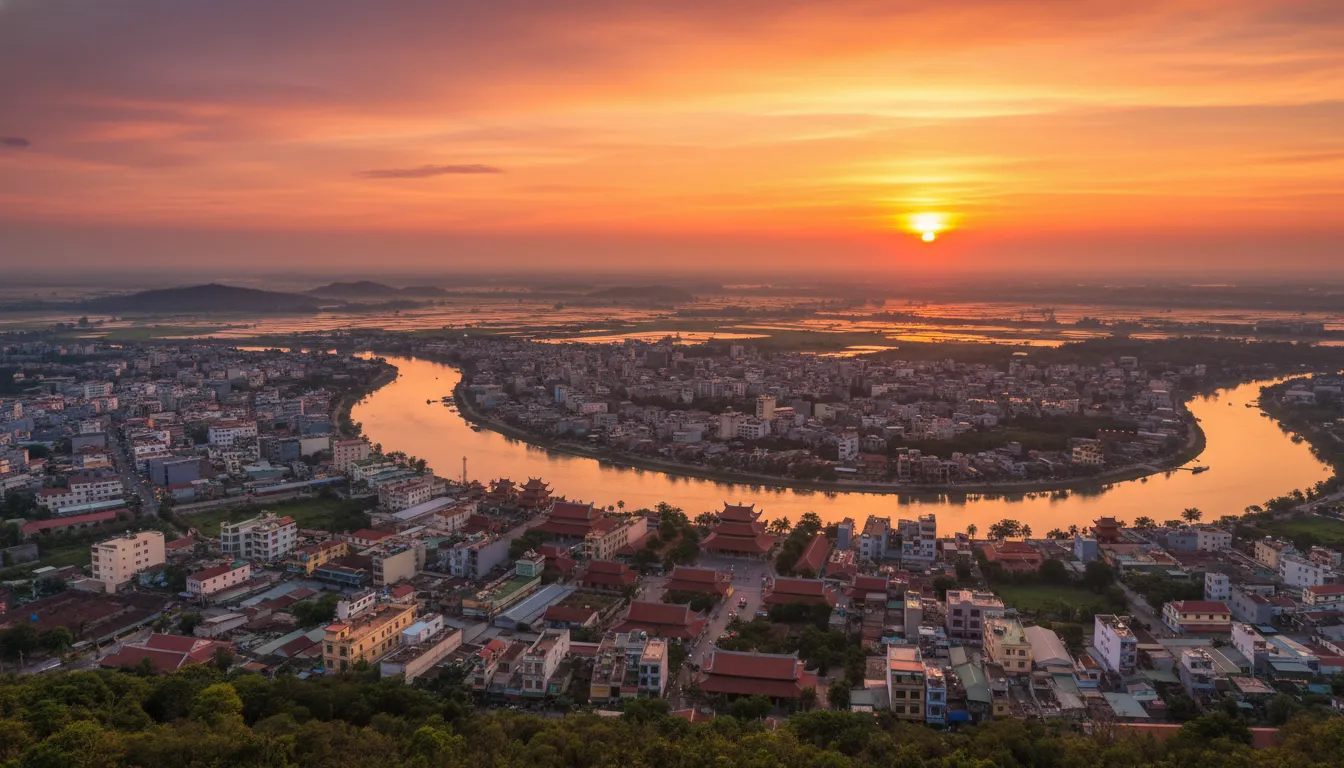 Image: A vibrant panoramic view of Chau Doc city from Sam Mountain at sunset, showing the sprawling city below with various temples and the Chau Doc river snaking through, reflecting the warm hues of the sky.