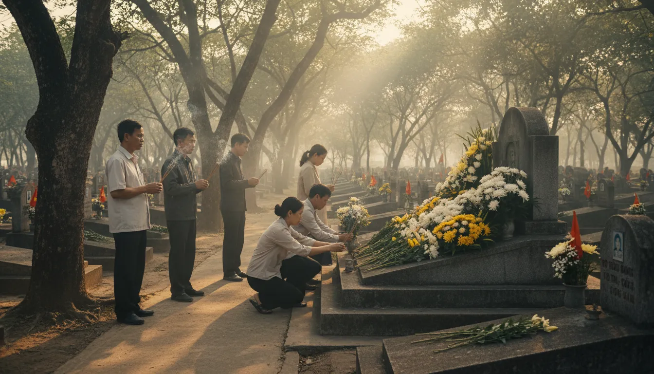 Image: A serene and respectful scene at Hang Duong Cemetery on Con Dao, with several visitors quietly placing flowers and burning incense at a decorated tomb, possibly Vo Thi Sau