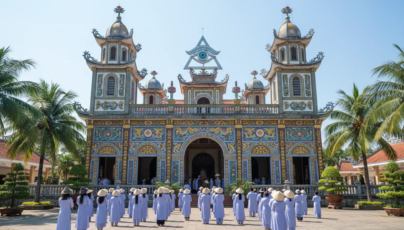 Image: The ornate and colorful exterior of the Cao Dai Temple in Tây Ninh, Vietnam, featuring a blend of architectural styles and vibrant mosaic details, with worshippers in white robes gathered outside.
