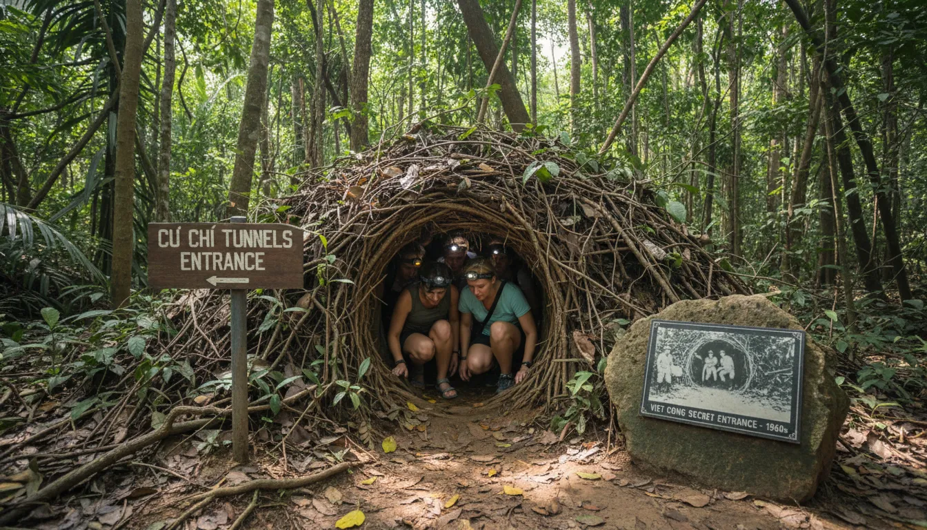 Image: A section of the Cu Chi Tunnels entrance, showing visitors crouching to enter a narrow, camouflaged tunnel opening in a dense jungle environment, with historical markers nearby.