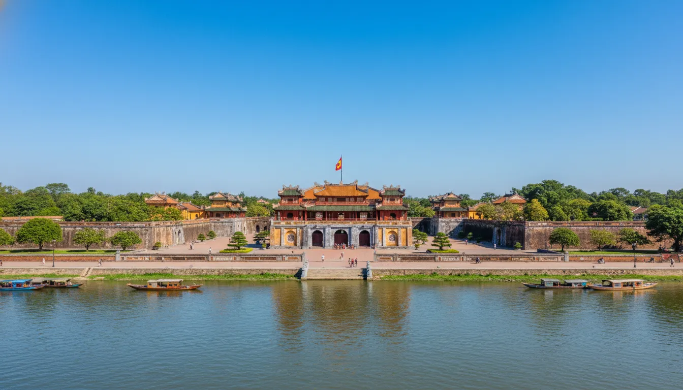 Image: A panoramic view of the Imperial City in Hue, Vietnam, with its majestic gates, intricate temples, and fortified walls under a clear blue sky, showing traditional Vietnamese architecture.