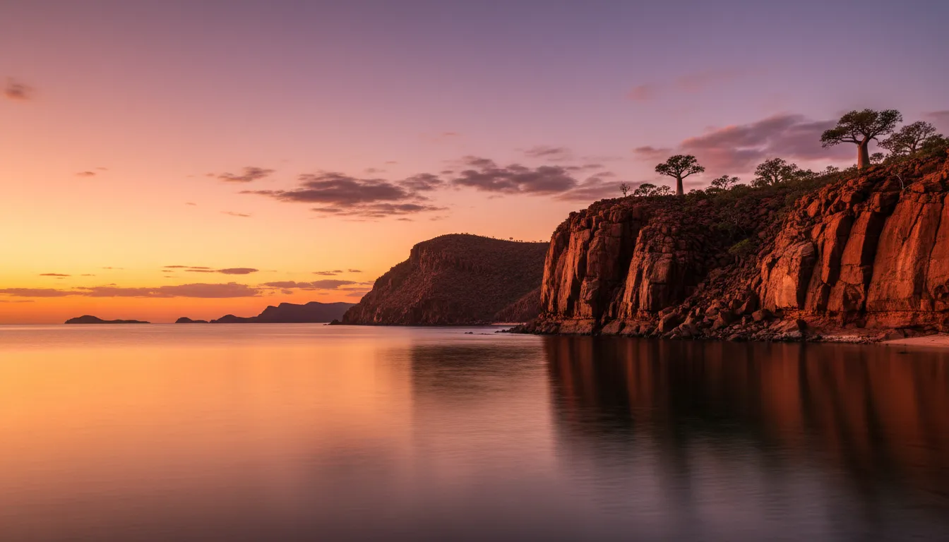 Image: A panoramic sunset over the rugged Kimberley coastline, with ancient red cliffs silhouetted against a sky ablaze with orange, pink, and purple hues, reflecting faintly on the calm waters of a pristine bay.