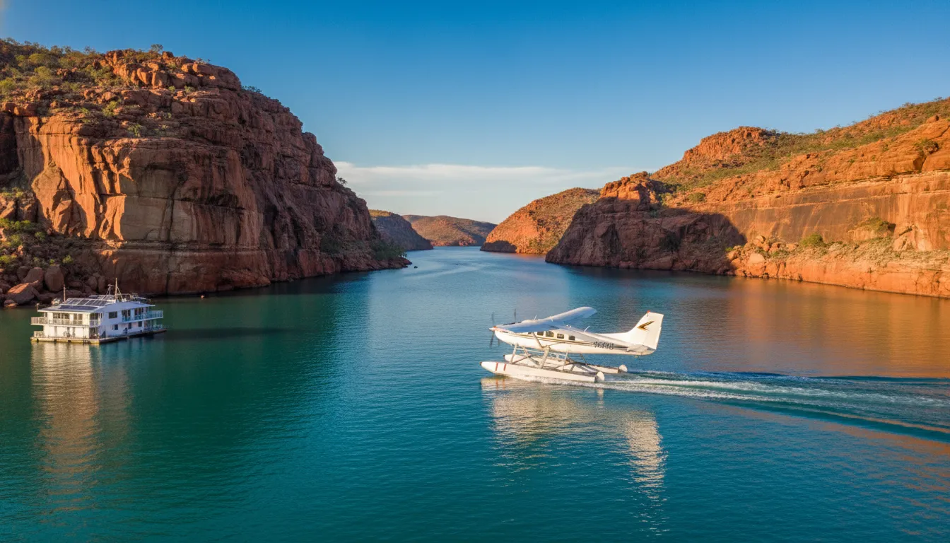 Image: A sleek seaplane gracefully landing on the calm, turquoise waters of Talbot Bay, surrounded by dramatic red rock cliffs under a clear blue sky, with a small houseboat visible in the distance.