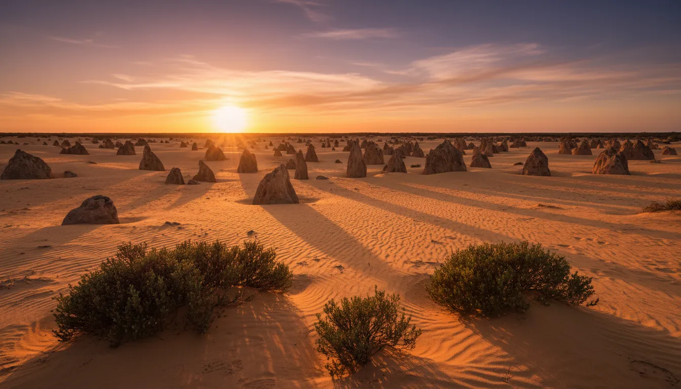 Image: A wide shot of The Pinnacles Desert at golden hour, with thousands of unique limestone spires casting long shadows across the golden sand. The sky is a gradient of warm oranges and soft purples, and a few small, hardy desert bushes are visible in the foreground.