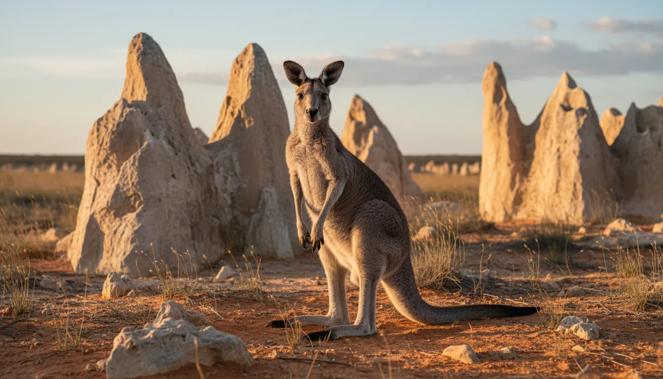 Image: A Western Grey Kangaroo stands gracefully among a cluster of limestone pinnacles in the late afternoon sun, looking towards the camera. The sandy ground is a warm orange, and the sky is a soft blue.