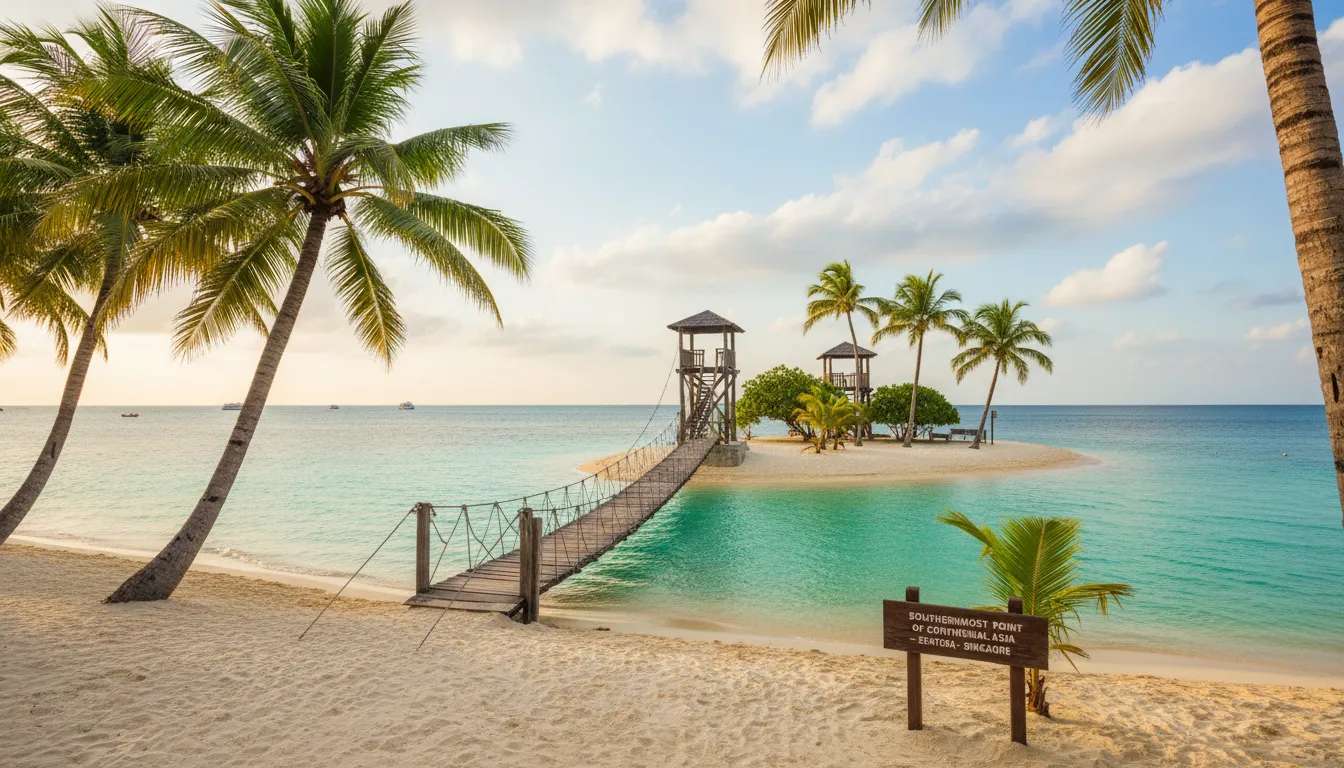 Image: A view of the Southernmost Point of Continental Asia on Sentosa Island, Singapore. A picturesque wooden suspension bridge leads to a small islet with two wooden viewing towers. The ocean is calm and turquoise, and palm trees line the sandy beach. A small sign indicates the geographical significance.