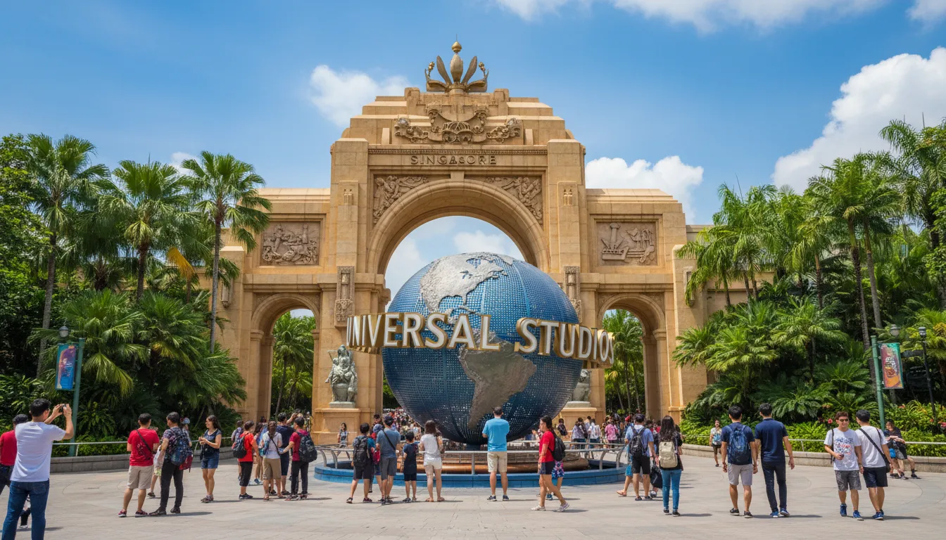 Image: The iconic Universal Studios Singapore globe entrance, spinning gracefully in front of a grand archway. The sky is a vibrant blue, and diverse crowds of people are walking around, some with cameras. Lush tropical trees line the background.