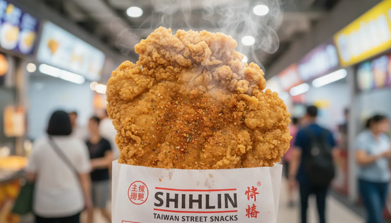 Image: A vibrant, close-up shot of an XXL Crispy Chicken from Shihlin Taiwan Street Snacks, held in a paper bag, with steam gently rising, showcasing its golden-brown, crispy texture and generous seasoning. In the background, out of focus, are glimpses of a busy Singaporean food court.