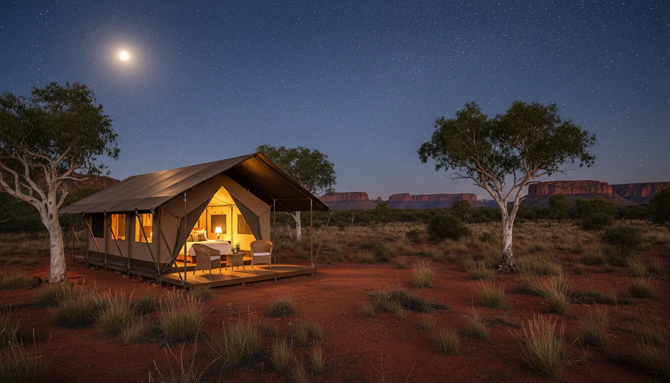 Image: A luxurious safari-style glamping tent at Karijini Eco Retreat, nestled amongst sparse Australian bushland, with the red earth characteristic of Karijini National Park. The tent has a private deck and looks inviting, with the warm glow of evening light illuminating it under a clear, starlit sky.