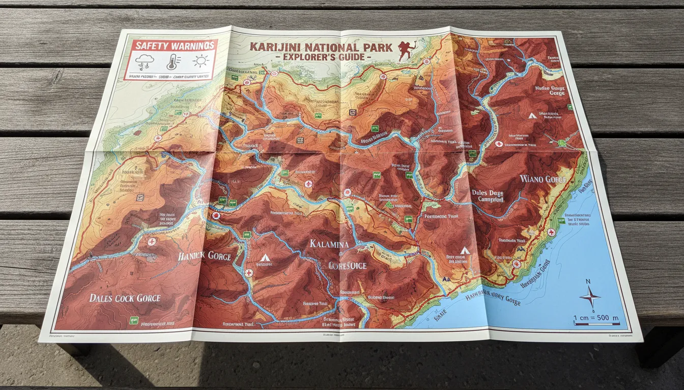 Image: A detailed map of Karijini National Park showing hiking trails, campgrounds, and key gorges like Hancock Gorge, Dales Gorge, and Weano Gorge. The map also includes safety warnings for flash floods and extreme heat, with symbols for water sources and emergency points.