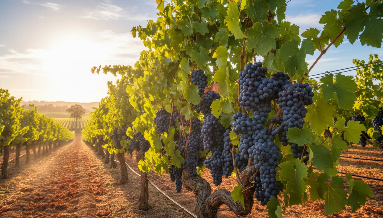 Image: A close-up shot of vibrant green Grenache grapevines in McLaren Vale, with rows extending into the distance under a warm, sunny sky, hinting at the rich harvest.