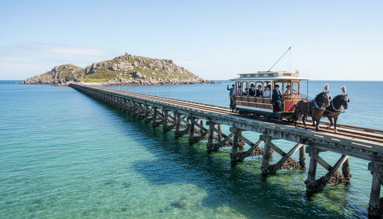 Image: A historic horse-drawn tram carrying passengers across a long wooden causeway towards a rugged granite island, with calm turquoise ocean on either side under a bright sunny sky.