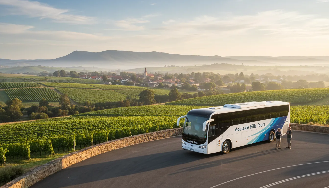 Image: A modern tour bus parked on a scenic overlook in the Adelaide Hills, with rolling vineyards and the distant outline of Hahndorf village visible below, under a soft morning light.
