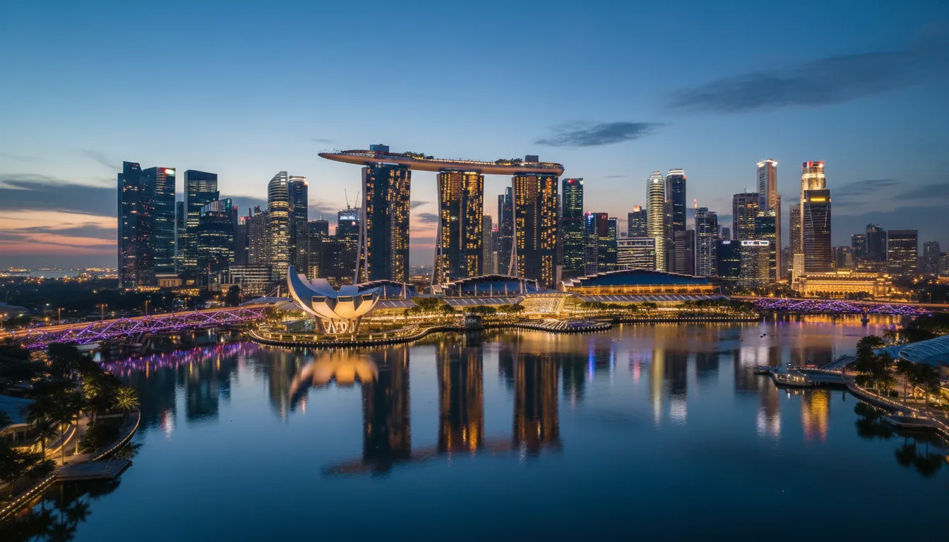 Image: A wide-angle shot of the Marina Bay Sands skyline at dusk, with the iconic three towers and SkyPark illuminated against a twilight sky, reflecting in the calm waters of Marina Bay, showcasing Singapore