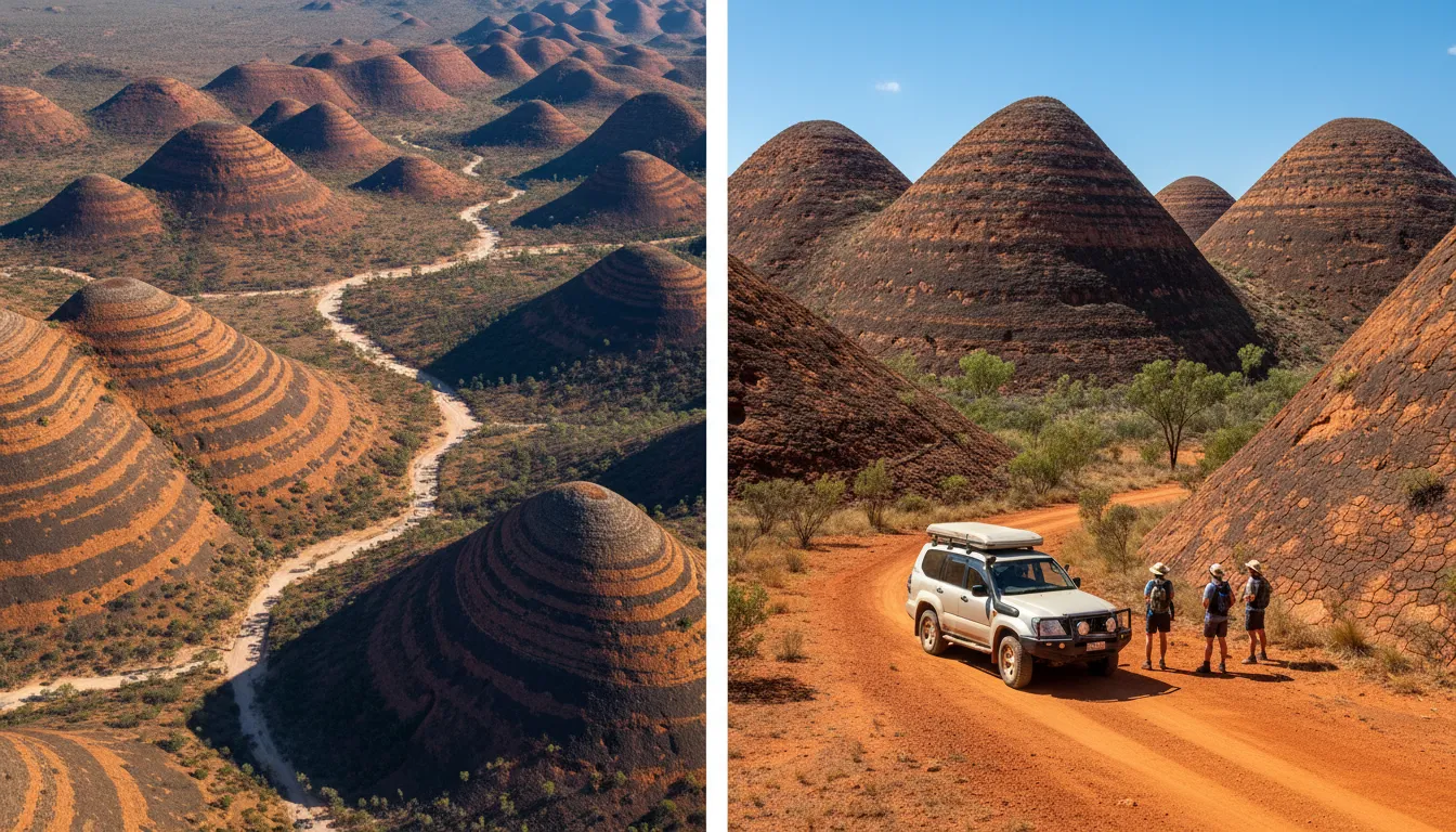 Image: A split image or composite showing two contrasting views of the Bungle Bungles. One half is a vibrant aerial shot from a helicopter looking down into the striped domes and winding gorges. The other half shows a rugged 4WD vehicle on a dusty track, dwarfed by the towering, banded sandstone domes, with a small group of people admiring the view.