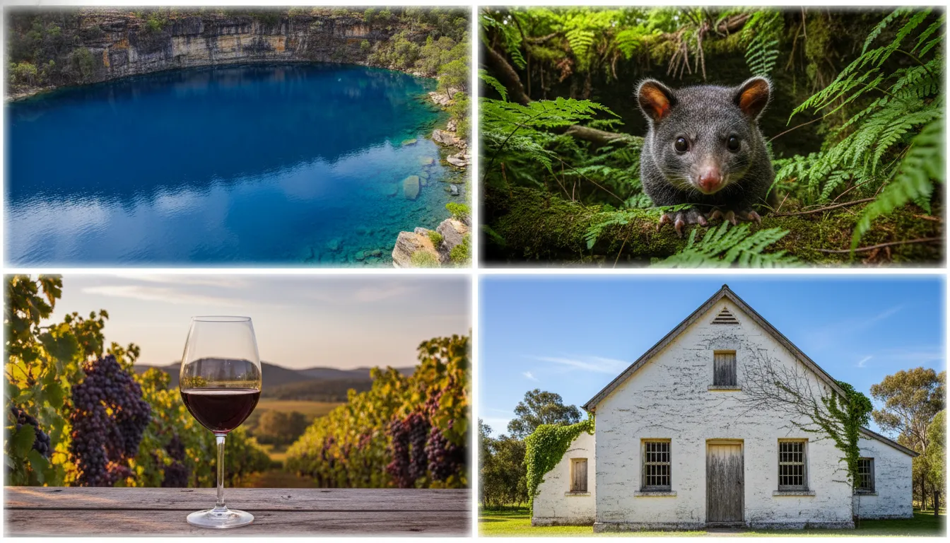 Image: A vibrant montage of various scenes from the Limestone Coast: a close-up of the intense blue water of the Blue Lake, a possum