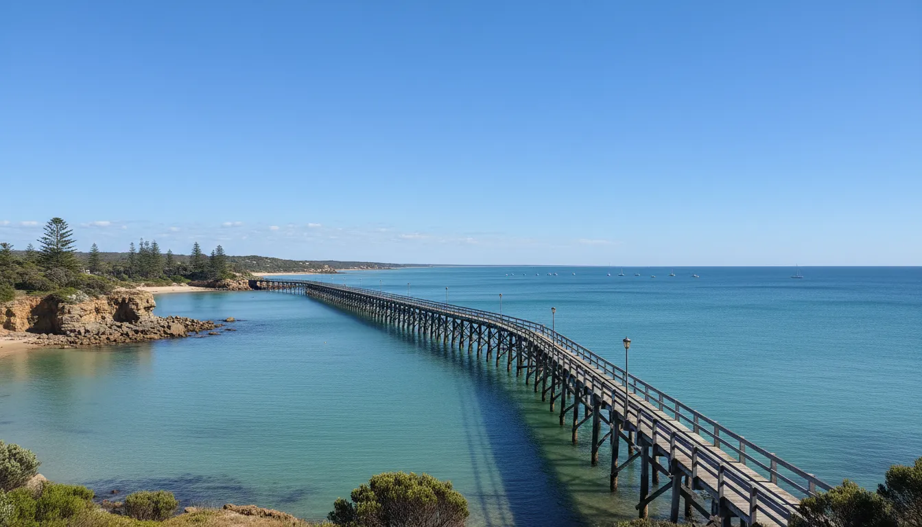 Image: A panoramic shot of the historic Beachport jetty extending into calm turquoise waters under a clear blue sky, with the rugged coastline and a few distant fishing boats.