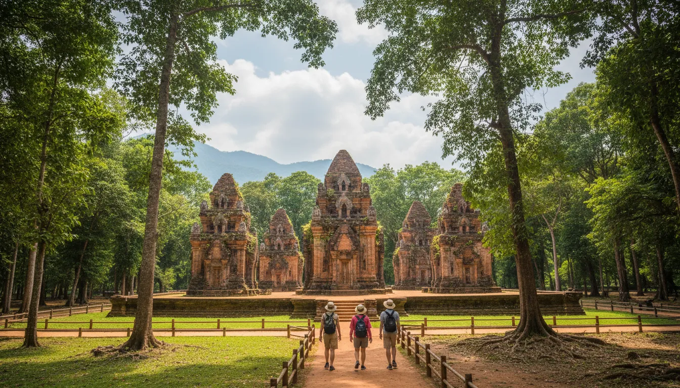 Image: A wide shot of the ancient Mỹ Sơn Sanctuary, with several weathered Cham towers standing amidst lush green jungle. A few respectful tourists walk along a designated path in the foreground.