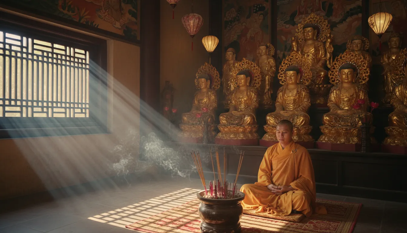 Image: Interior of an ancient Vietnamese pagoda, with ornate golden statues, burning incense, and a monk in saffron robes quietly meditating. Sunlight streams through a carved wooden window.