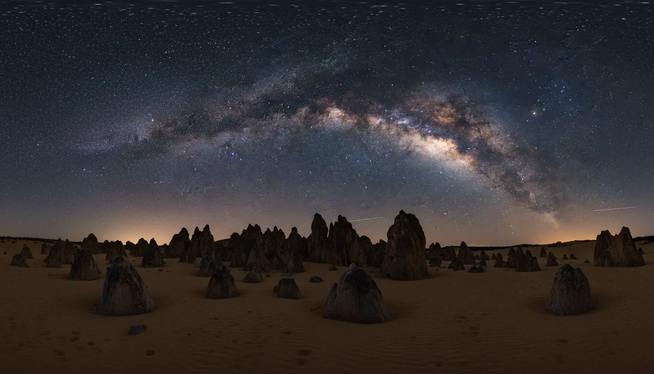 Image: A stunning panoramic nightscape image of the Pinnacles Desert under a brilliant, star-filled sky. The Milky Way