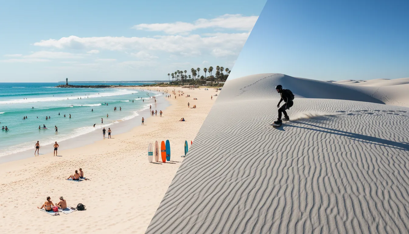Image: A vibrant, high-contrast split image. On the left, a sunny Cottesloe Beach scene with clear turquoise water, golden sand, and people enjoying the beach. On the right, a dramatic, expansive view of the Lancelin Sand Dunes under a bright blue sky, with sharp shadows and a lone figure sandboarding down a steep dune.