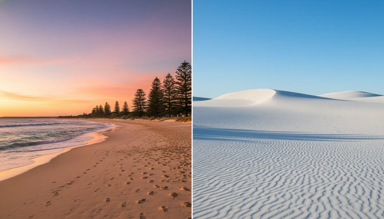 Image: A composite image or diptych showing the stark visual contrast: on one side, a serene turquoise ocean with golden sand and green Norfolk pines at Cottesloe Beach during a vibrant sunset; on the other, a dramatic, undulating landscape of bright white sand dunes under a clear blue sky at Lancelin with strong shadows.
