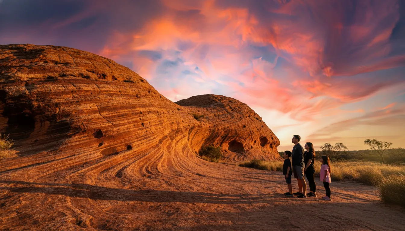 Image: A vibrant sunset scene over Wave Rock, casting long, dramatic shadows and enhancing the rock