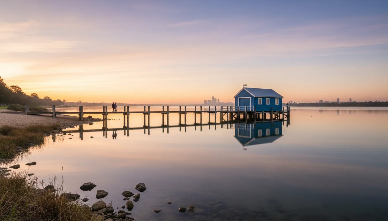 Image: A serene wide-angle shot of the Crawley Edge Boatshed at sunrise, with soft golden light illuminating the blue structure and its reflection on calm water. There are very few people, suggesting an early morning visit.