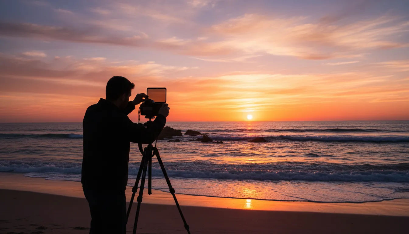 Image: A vibrant sunset over the Indian Ocean near Perth. A photographer is silhouetted against the colorful sky, adjusting a graduated neutral density (GND) filter on their camera lens, which is mounted on a sturdy tripod. The sky transitions from fiery orange to soft pink and blue.