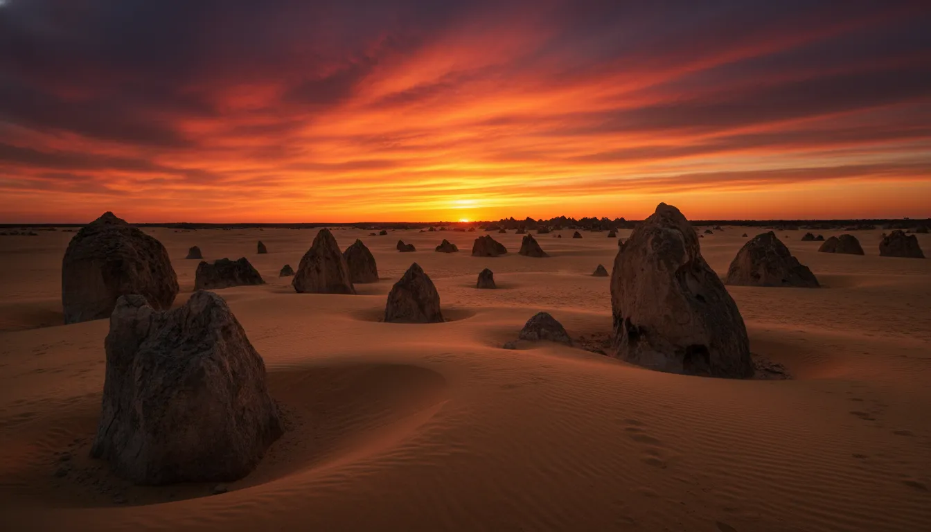 Image: A wide, panoramic shot of The Pinnacles at sunset, with a fiery orange and purple sky. The limestone formations are silhouetted in the foreground, and the vastness of the desert landscape is emphasized. The scene evokes a sense of wonder and ancient beauty.