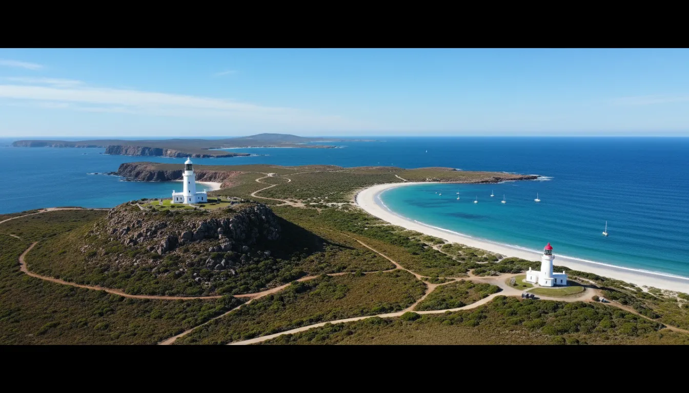 Image: A drone shot capturing both Wadjemup Lighthouse and Bathurst Lighthouse on Rottnest Island, showing them in their respective stunning coastal settings. Wadjemup is on a prominent hill with panoramic views, while Bathurst is closer to a white sandy beach with turquoise water. The image conveys the island