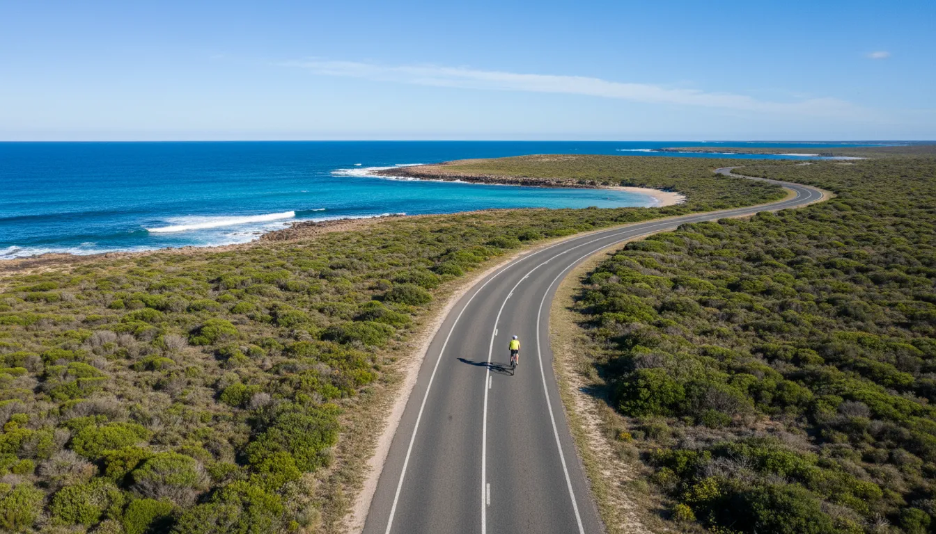 Image: An aerial drone shot capturing a cyclist on a paved road winding along the coastal edge of Rottnest Island. The road is bordered by vibrant turquoise ocean on one side and low, green native scrub on the other. The cyclist is small in the frame, highlighting the expansive beauty of the island. The sky is clear blue with a few wispy clouds.