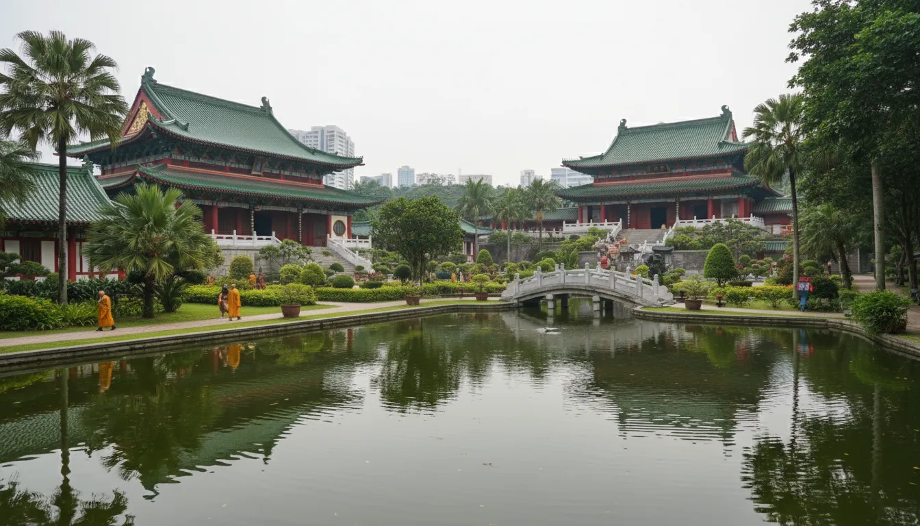Image: A serene wide shot of Kong Meng San Phor Kark See Monastery in Singapore, showcasing its grand halls with traditional Chinese roofs, lush green gardens, and a tranquil pond, under a soft, diffused light, evoking a sense of peace and contemplation
