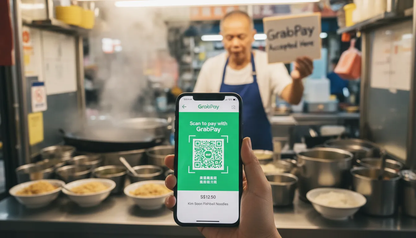 Image: A close-up shot of a hand holding a smartphone displaying a GrabPay QR code, with a blurred background of a traditional Singaporean hawker stall vendor accepting payment.
